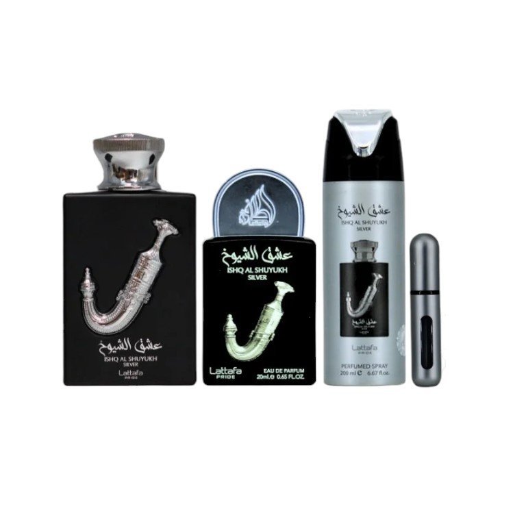 Perfume Árabe Estuche Lattafa Ishq Al Shuyukh Silver EDP 4 Piezas Unisex - Imagen 2