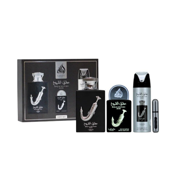 Perfume Árabe Estuche Lattafa Ishq Al Shuyukh Silver EDP 4 Piezas Unisex